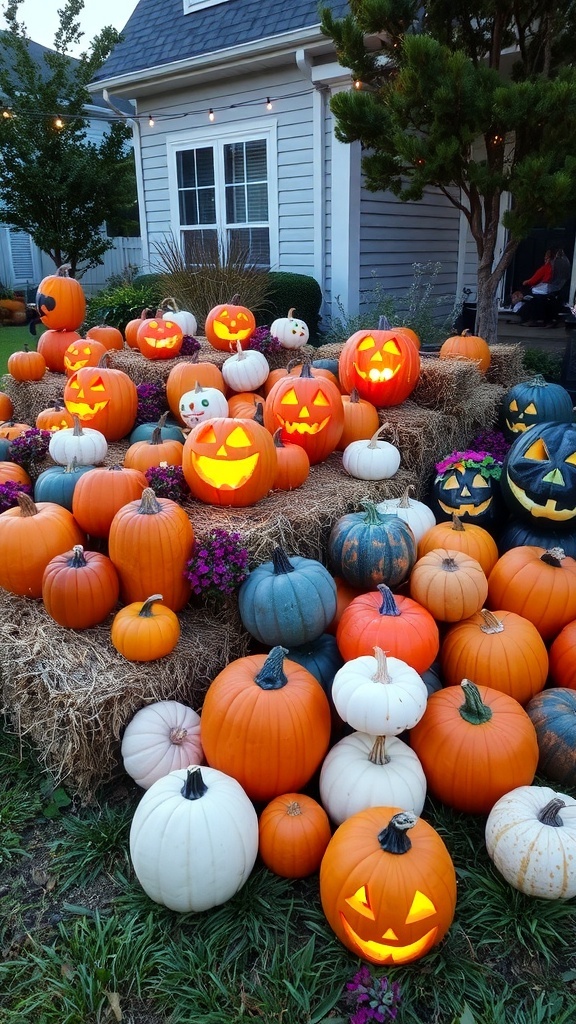 A colorful collection of pumpkins in a yard, featuring carved and painted designs, surrounded by hay bales and flowers, illuminated by string lights.